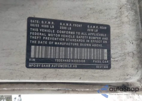 2004 Saab 9-5 Aero z USA, uszkodzony, nr VIN YS3EH49G143002438